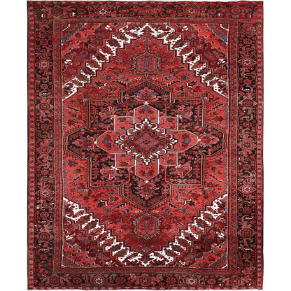 10'1"X12'7" Red Vintage Zoroastrian Heris Hand Knotted Wool Shaved Low Rug