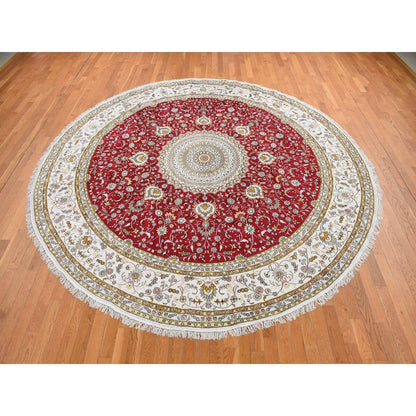 10'9"X10'9" Fire Brick Red Hand Knotted Silken 300 Kpsi Round Rug