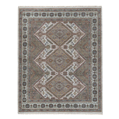 8'X10' Ivory Wool Rug Unique Flower Rosettes Border Design Hand Knotted