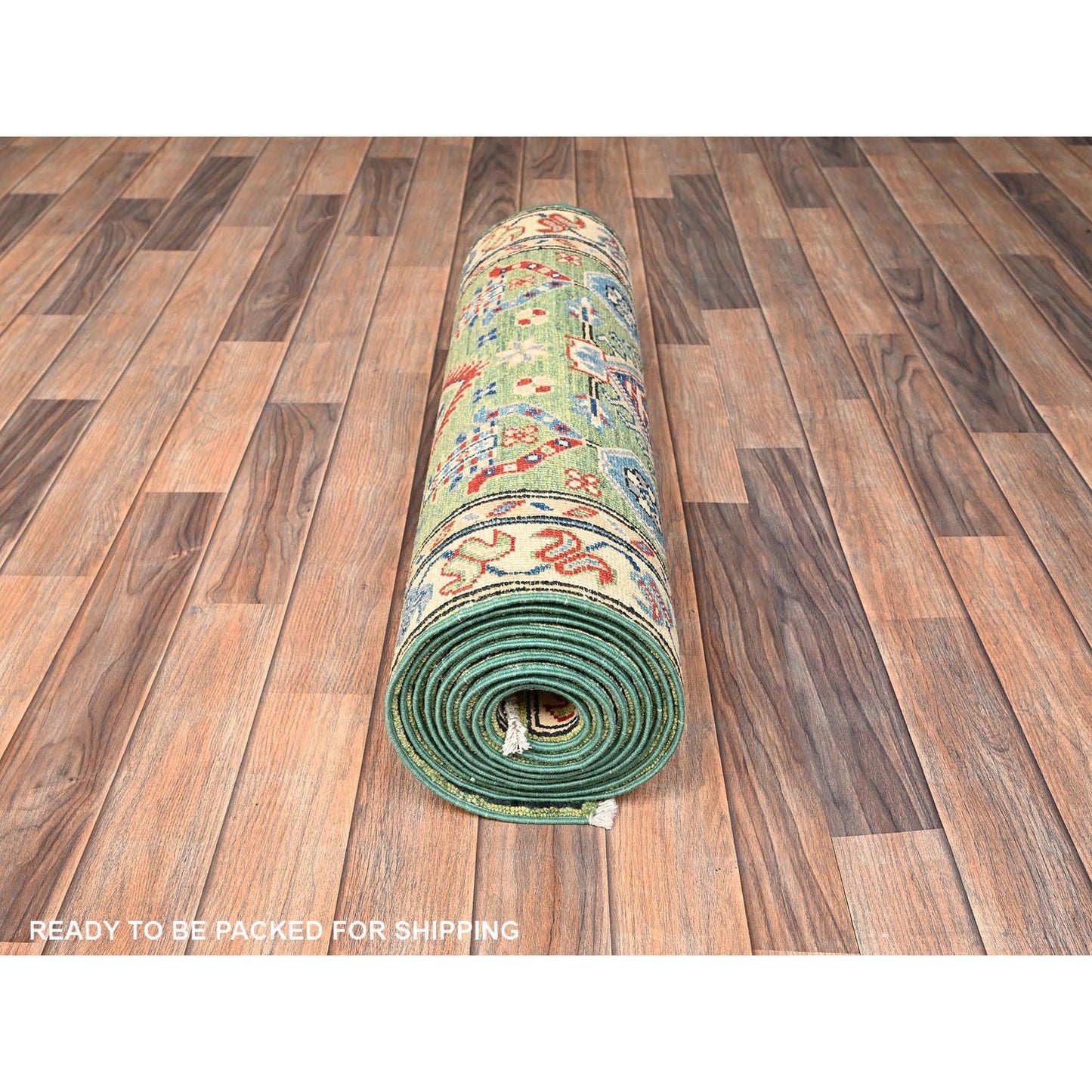 2'8"X13' Green Kazak Geometric Design Hand Knotted Rug Wool Runner