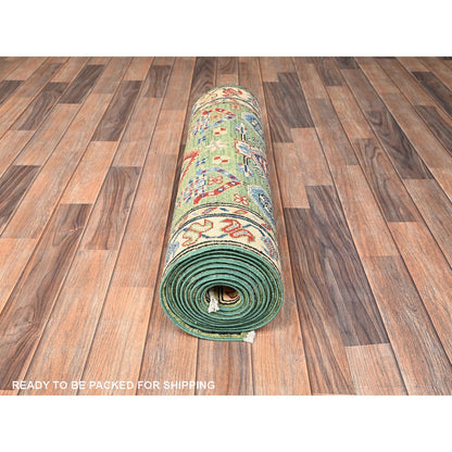 2'8"X13' Green Kazak Geometric Design Hand Knotted Rug Wool Runner