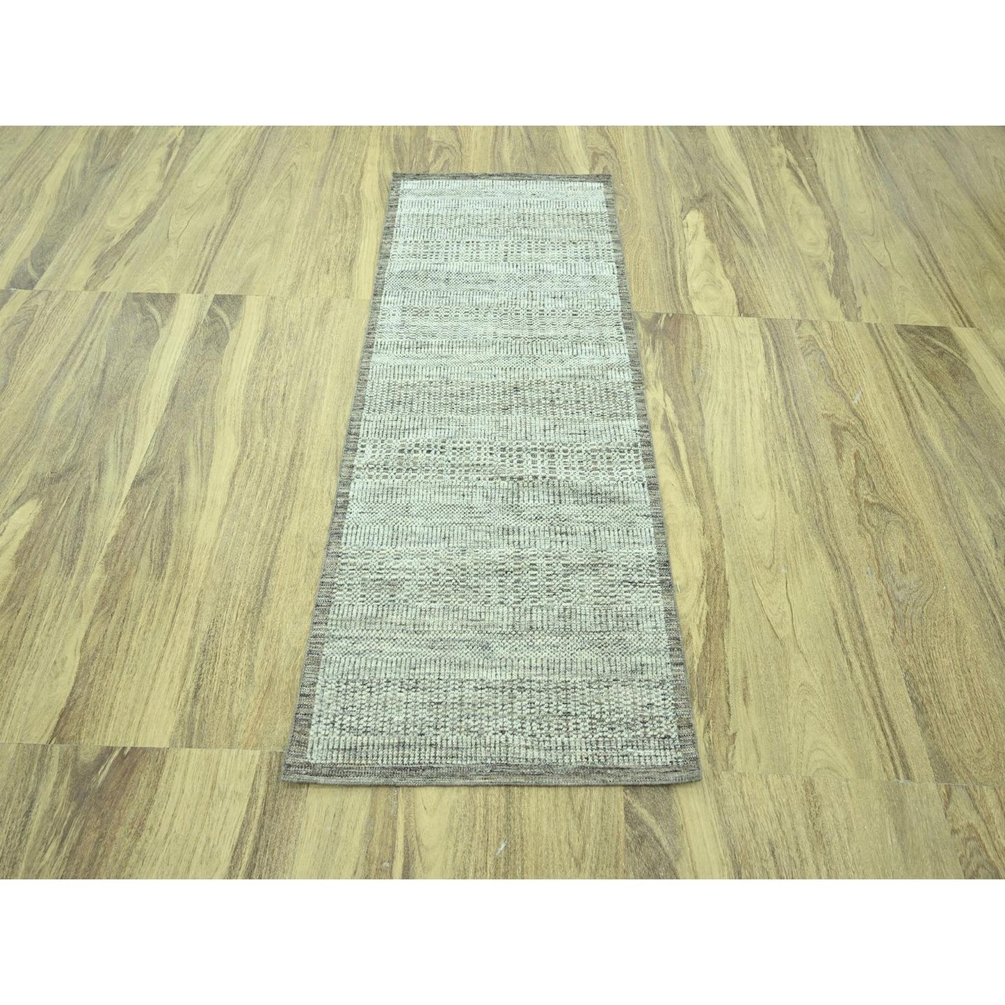 Brown pure wool runner rug oxidized grass design hand knotted 2'8"x6'3".