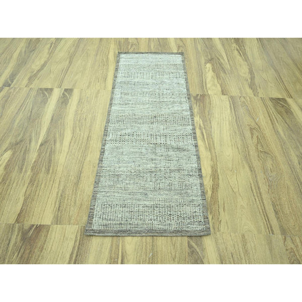 Brown pure wool runner rug oxidized grass design hand knotted 2'8"x6'3".
