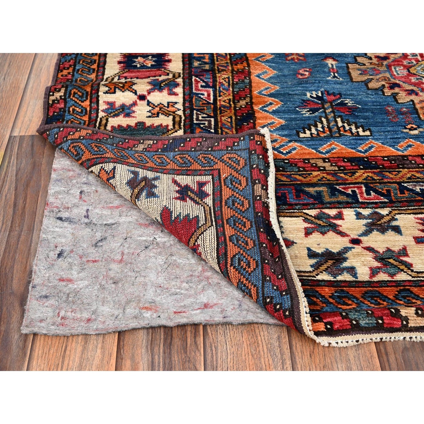 5'2"X6' Blue Afghan Antique Caucasian Design Hand Knotted Wool Squarish Rug