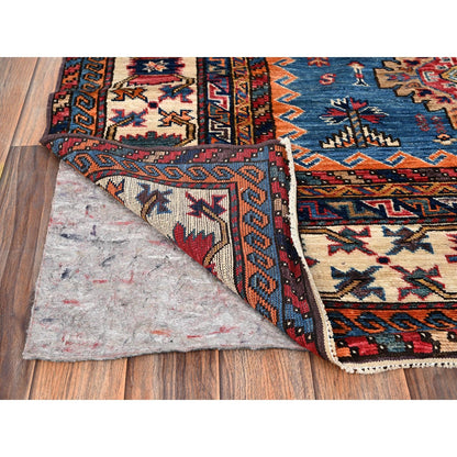 5'2"X6' Blue Afghan Antique Caucasian Design Hand Knotted Wool Squarish Rug