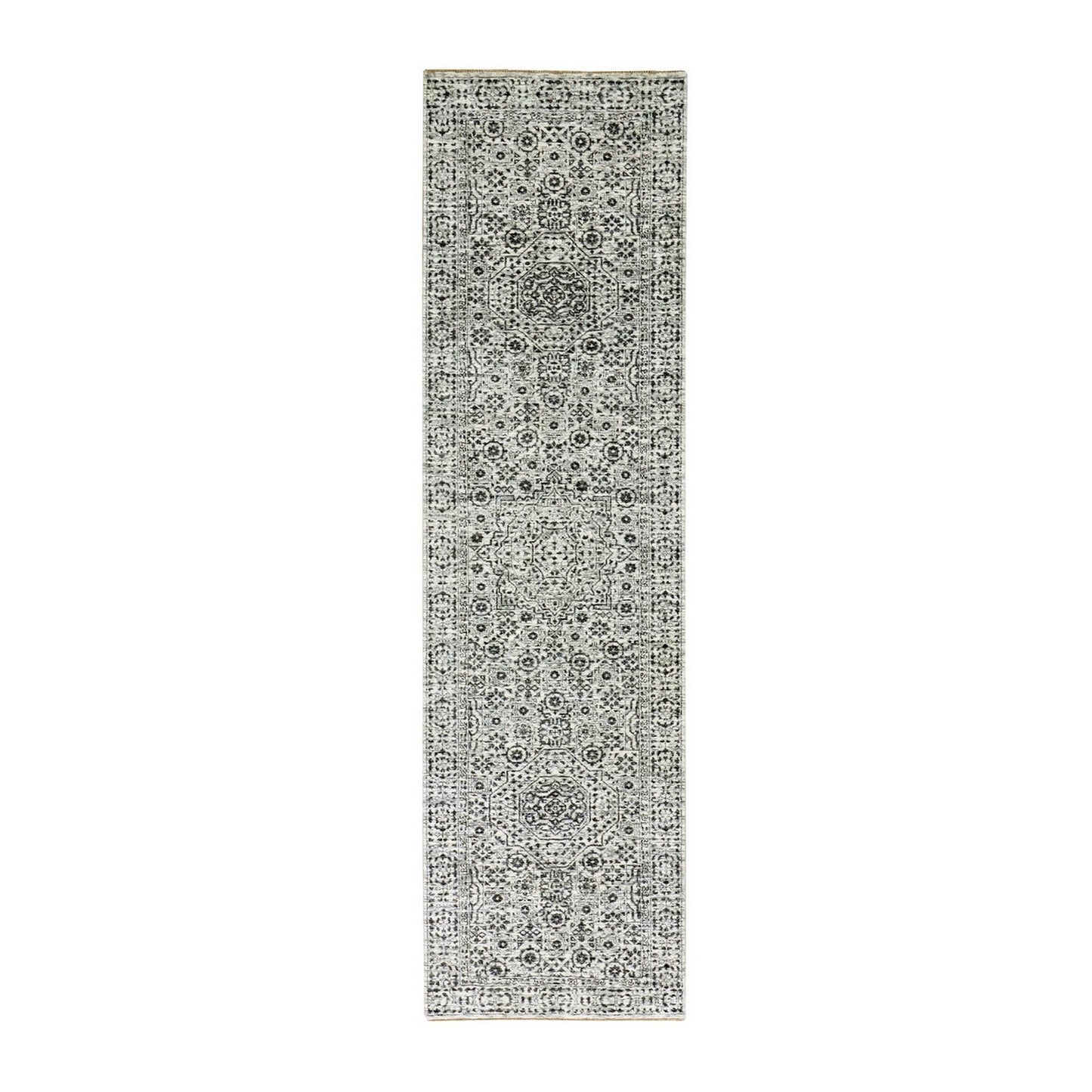 2'9"X10' White Mamluk Dynasty Design Undyed Wool Hand Knotted Runner Rug
