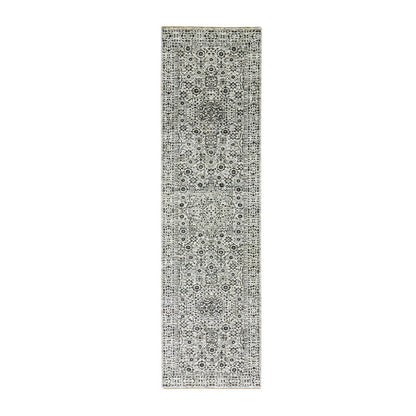 2'9"X10' White Mamluk Dynasty Design Undyed Wool Hand Knotted Runner Rug
