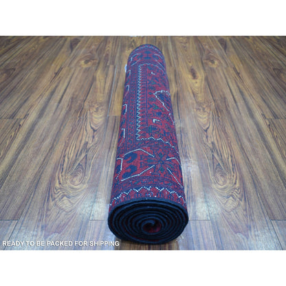 2'8"X9'7" Red Tribal Design Hand Knotted Afghan Khamyab Wool Runner Rug