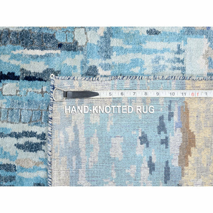 2'7"X19'7" Blue Mosaic Design Wool And Silk Hand Knotted Xl Runner Rug