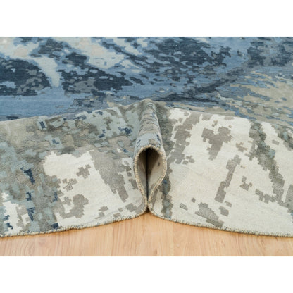 12'X12' Steel Blue Abstract Galaxy Wool And Silk Hand Knotted Round Rug