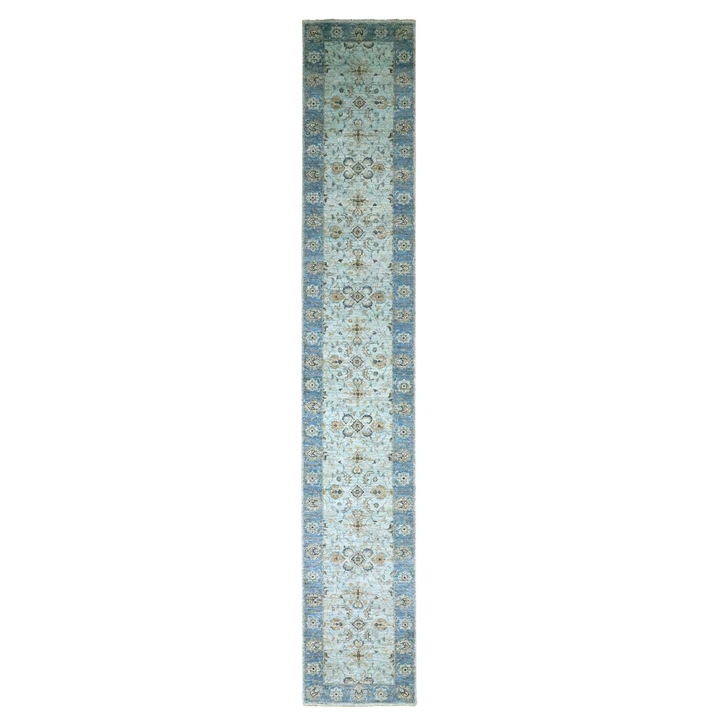 2'8"X16'1" Blue Shah Abbas Flower Design Wool Hand Knotted Xl Runner Rug