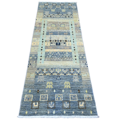 2'8"X7'7" Gray Hand Knotted Fine Kashkuli Animal Figurine Wool Runner Rug