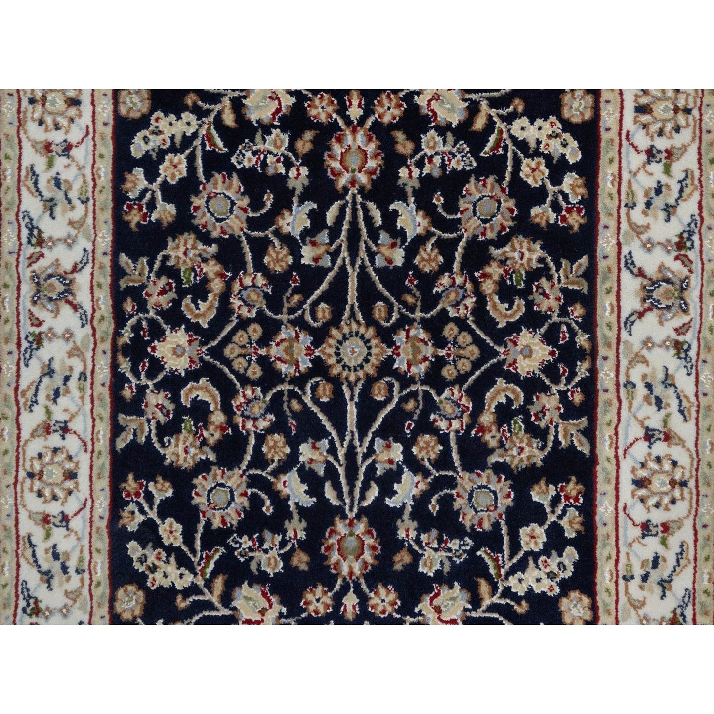2'7"X6'4" Navy Blue Nain Vines Design Wool & Silk Hand Knotted Runner Rug