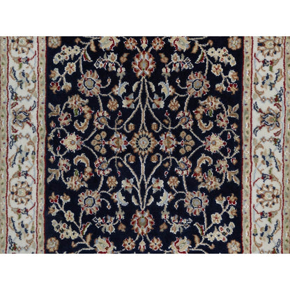2'7"X6'4" Navy Blue Nain Vines Design Wool & Silk Hand Knotted Runner Rug