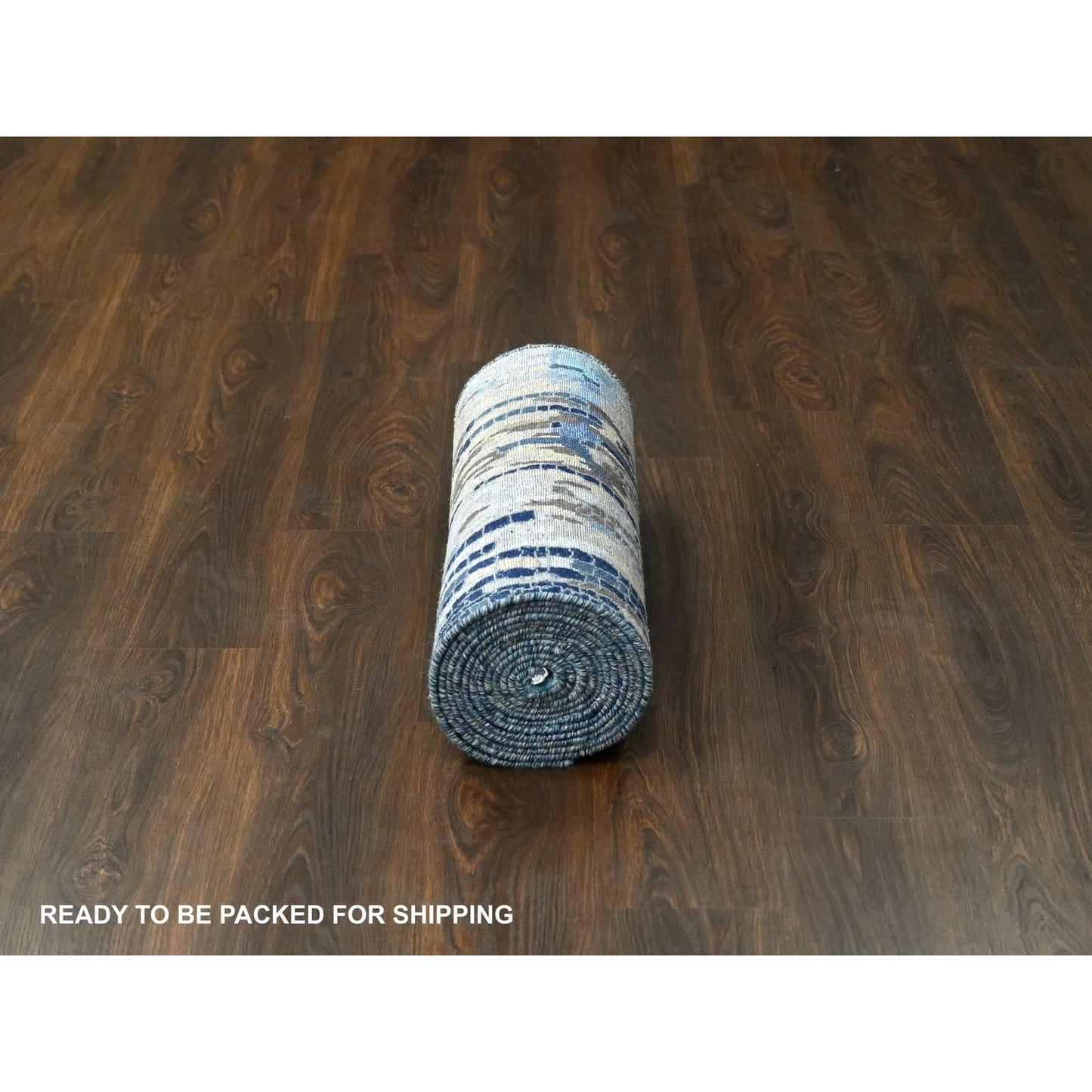 2'7"X15'9" Blue Wool And Silk Modern Mosaic Hand Knotted Xl Runner Rug