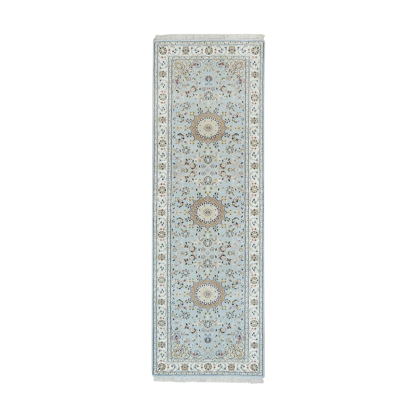 2'9"X8'4" Blue 250 Kpsi Soft Wool Hand Knotted Nain Design Runner Rug