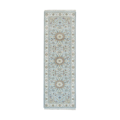 2'9"X8'4" Blue 250 Kpsi Soft Wool Hand Knotted Nain Design Runner Rug