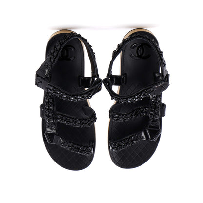 Chanel Women'S Chain Cc Slingback Sandals Quilted Leather With Cork