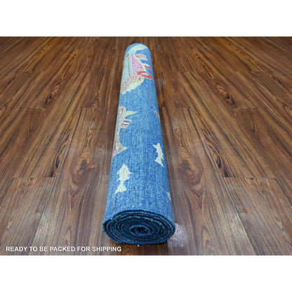 4'X11'7" Blue Wool Hand Knotted Peshawar Oceanic Fish Wide Runner Rug