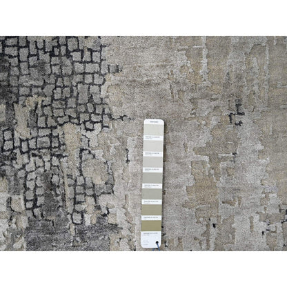12'X12' Gray Abstract Design Wool And Silk Hand Knotted Square Rug