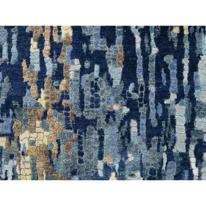 2'6"X10' Denim Blue Mosaic Design Hand Knotted Wool And Silk Rug