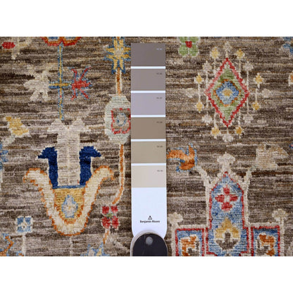 6'X9'1" Brown Afghan Peshawar Karjihooz Design Hand Knotted Pure Wool Rug