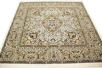 Hand-Knotted Cream Kirman Square Rug Oriental