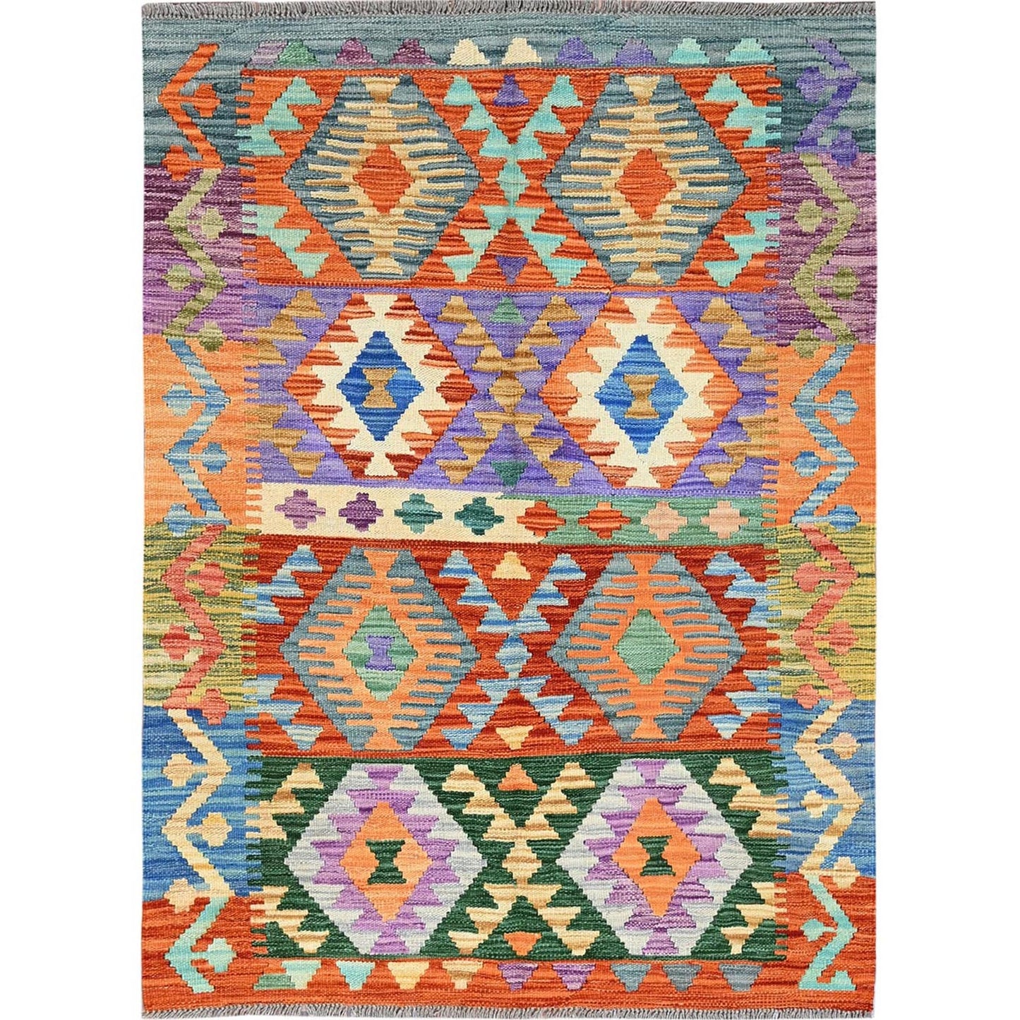3'7"X5' Orange Flat Weave Afghan Kilim Pure Wool Hand Woven Reversible Rug