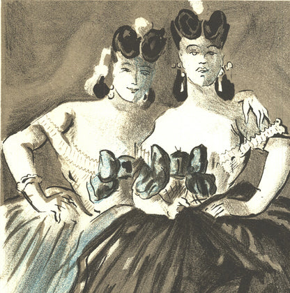 Lena Leclercq Two Women " Lithograph Vintage Black & White