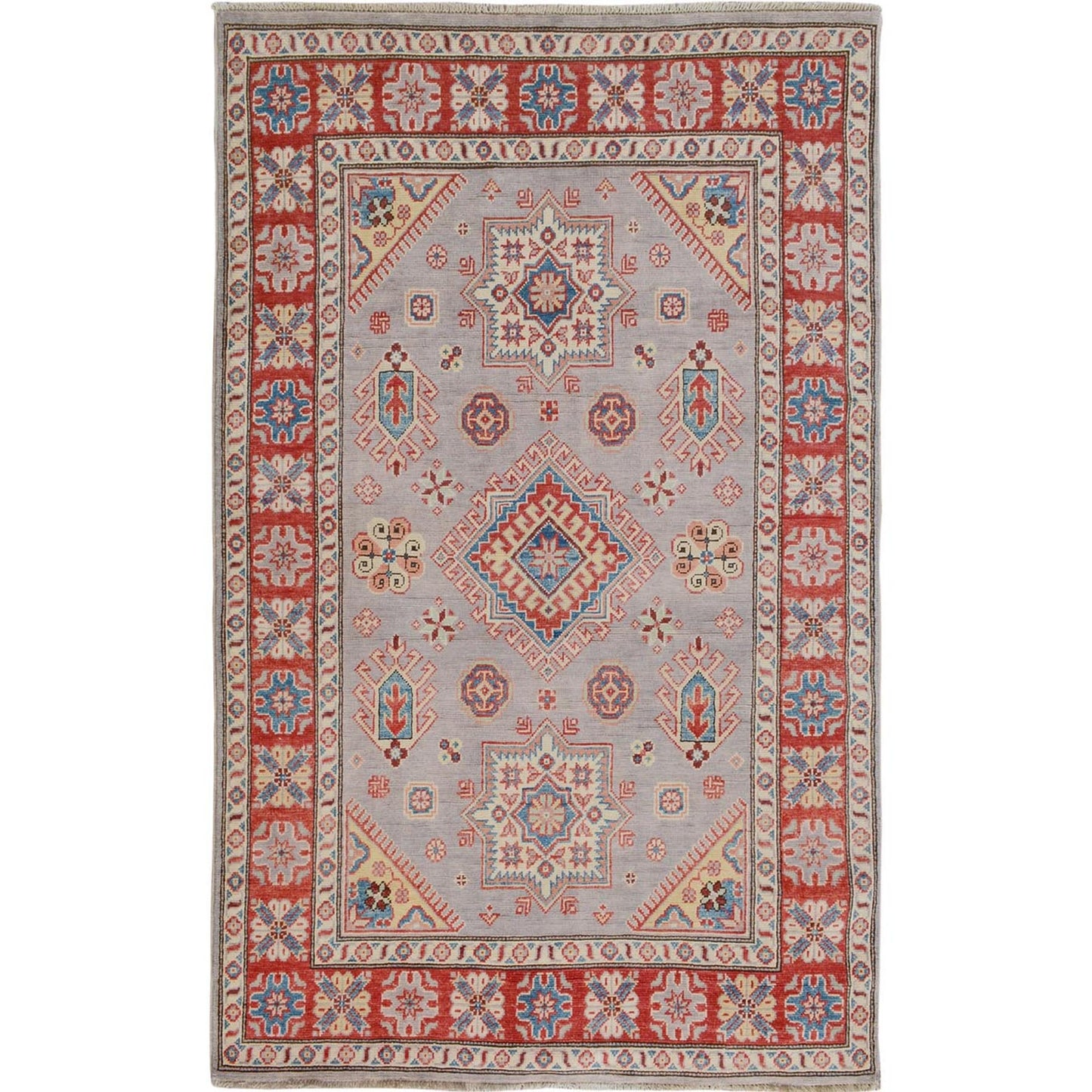3'10"X6' Gray Special Kazak Geometric Design Pure Wool Hand Knotted Rug