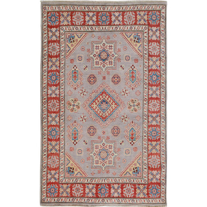 3'10"X6' Gray Special Kazak Geometric Design Pure Wool Hand Knotted Rug