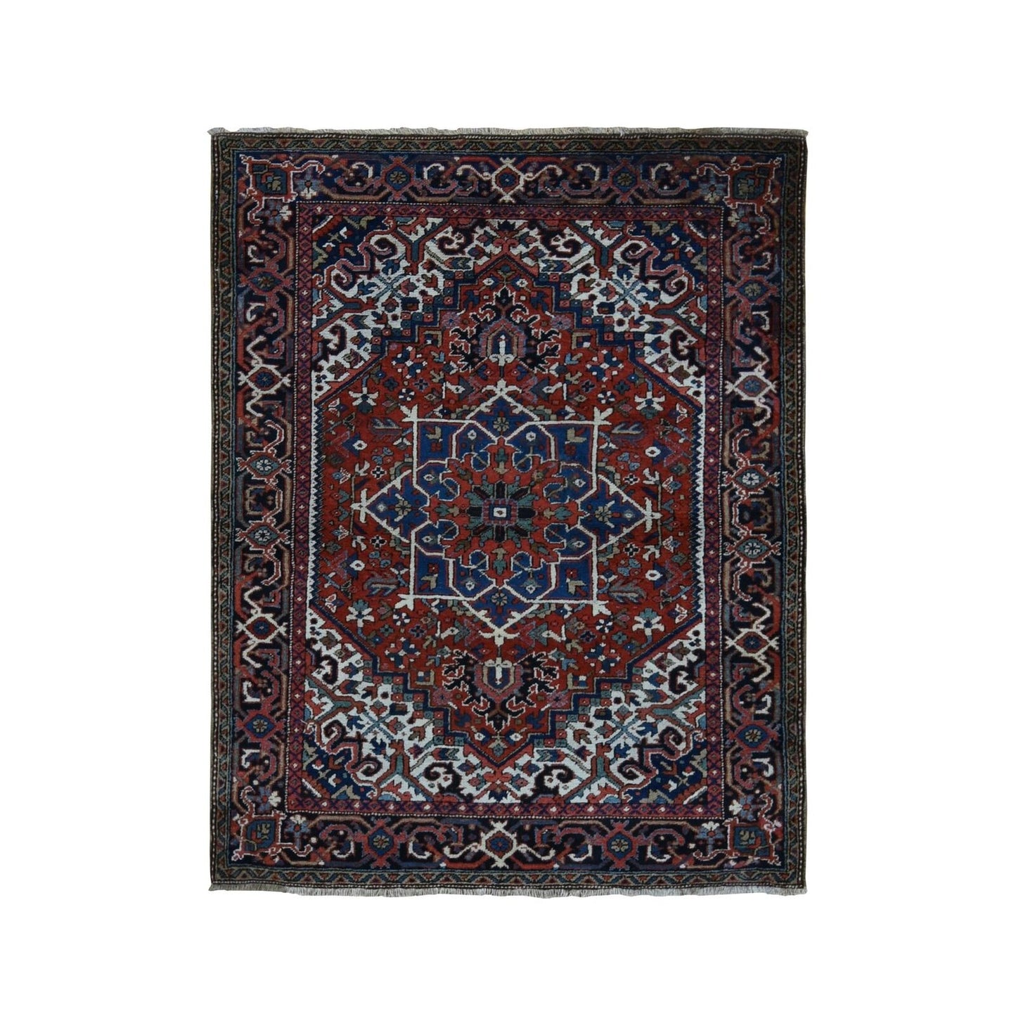 4'9"X5'10" Chili Red Antique Zoroastrian Heris Hand Knotted Pure Wool Rug