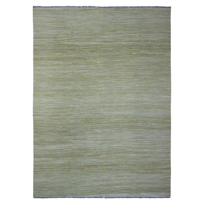 8'8"X12' Green Solid Design Hand Woven Hand Spun Wool Flat Weave Rug