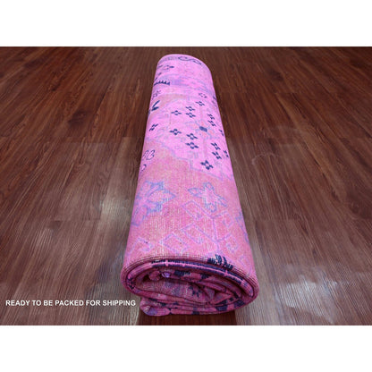 8'X9'7" Hot Pink Overdyed Kazak Geometric Design Hand Knotted Wool Rug