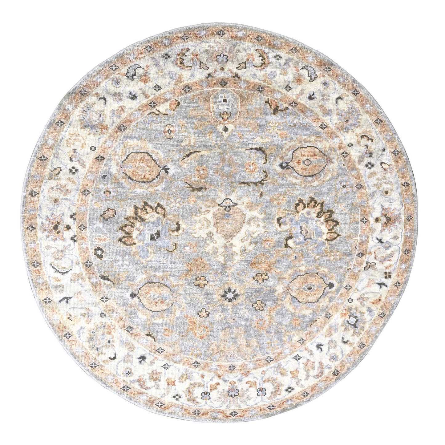 7'10"X8' Hand Knotted Oushak Inspired Pure Wool Round Oriental Rug