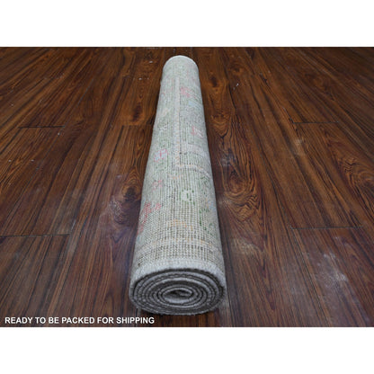 3'X8'1" Camouflage Green Runner Angora Oushak Hand Knotted Oriental Rug