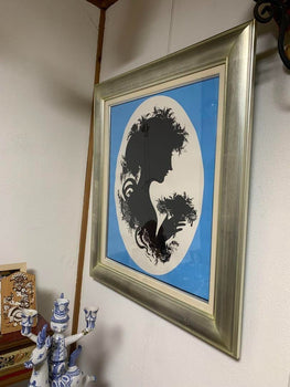Bjorn Wiinblad Vintage Silhouette Girl Blue Silk Screen Poster Silver Frame Blue