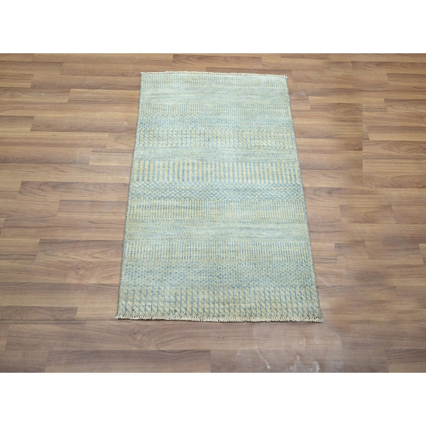 2'X3' Light Blue Wool With Silk Hand Knotted Modern Grass Design Mat Rug