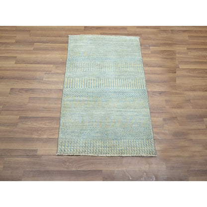 2'X3' Light Blue Wool With Silk Hand Knotted Modern Grass Design Mat Rug