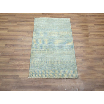 2'X3' Light Blue Wool With Silk Hand Knotted Modern Grass Design Mat Rug
