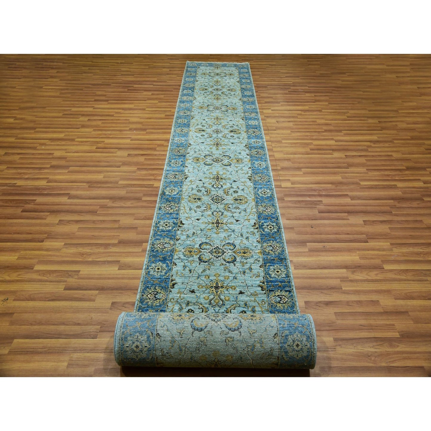 2'8"X24'1" Blue Wool Shah Abbas Floral Design Hand Knotted Xl Runner Rug
