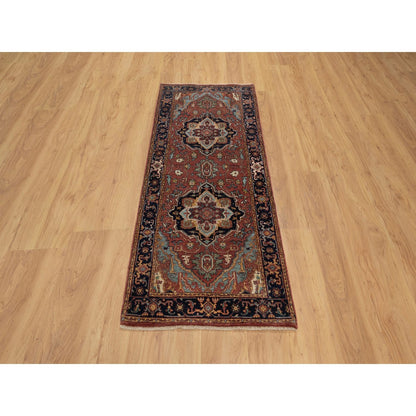2'7"X6'1" Red Antiqued Heris Re-Creation All Wool Hand Knotted Runner Rug