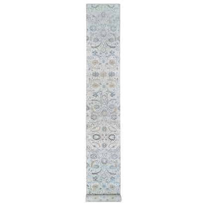 2'6"X18'1" Ivory Silk/Wool Hand Knotted Sickle Leaf Design Xl Runner Rug