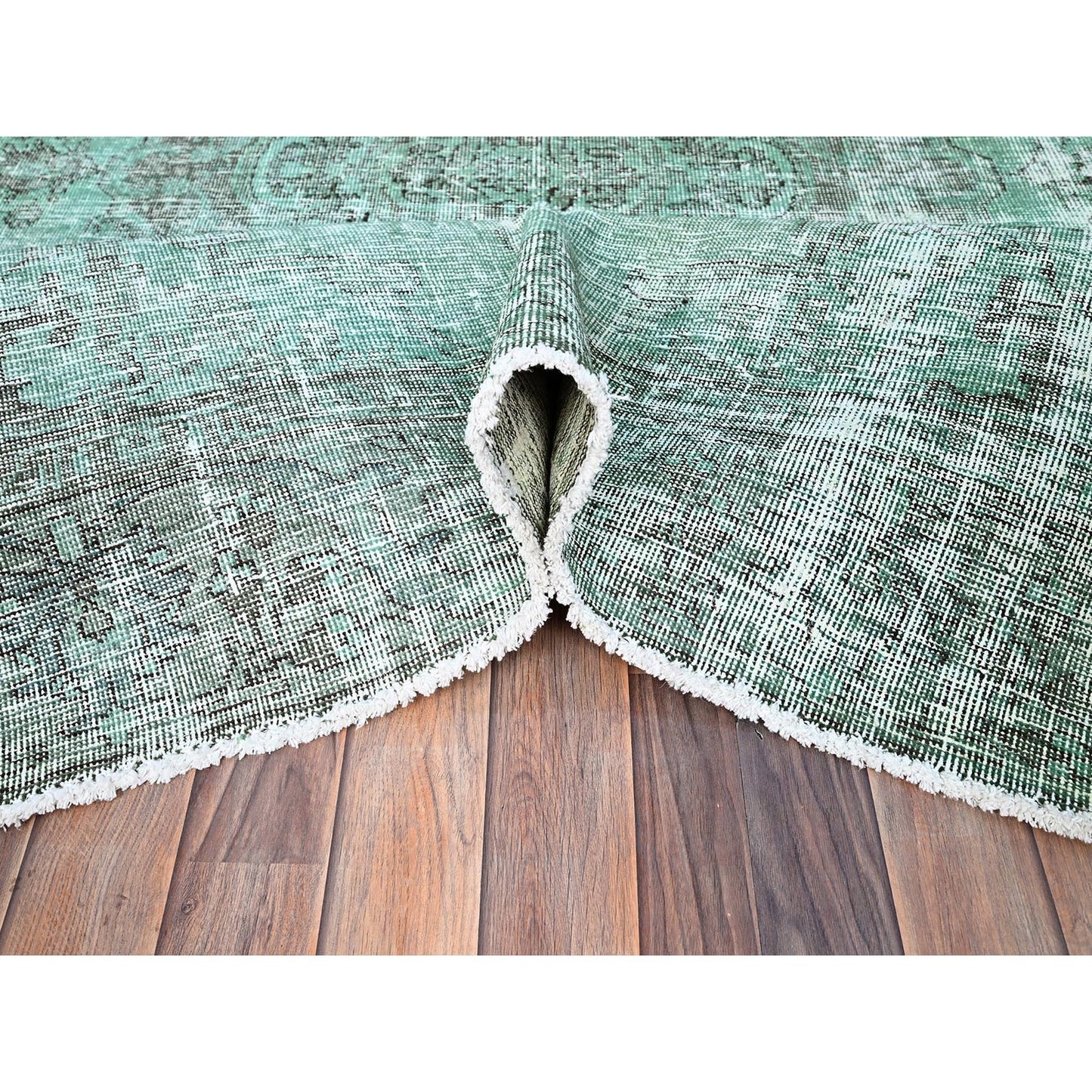 6'1"X9' Green Worn Wool Hand Knotted Overdyed Old Zoroastrian Tebraz Rug