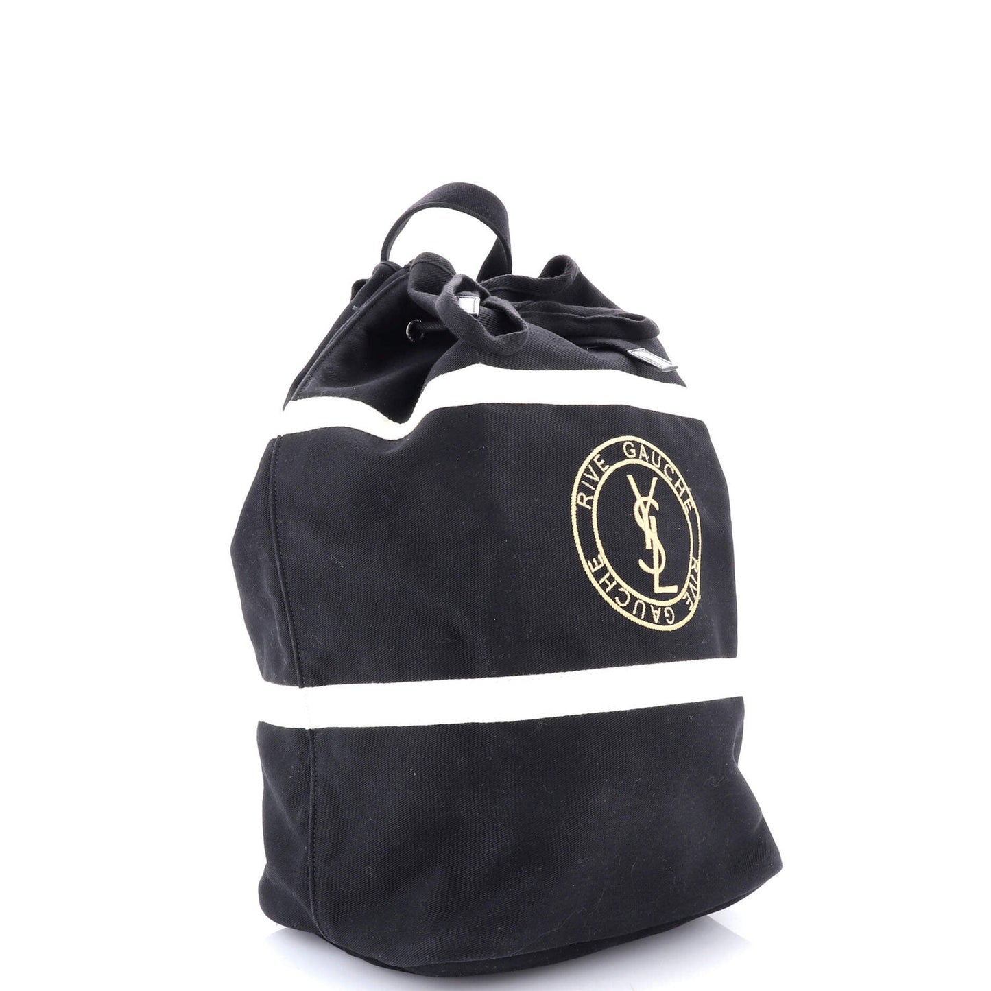 Saint Laurent Rive Gauche Drawstring Sling Bag Stripe Canvas Medium