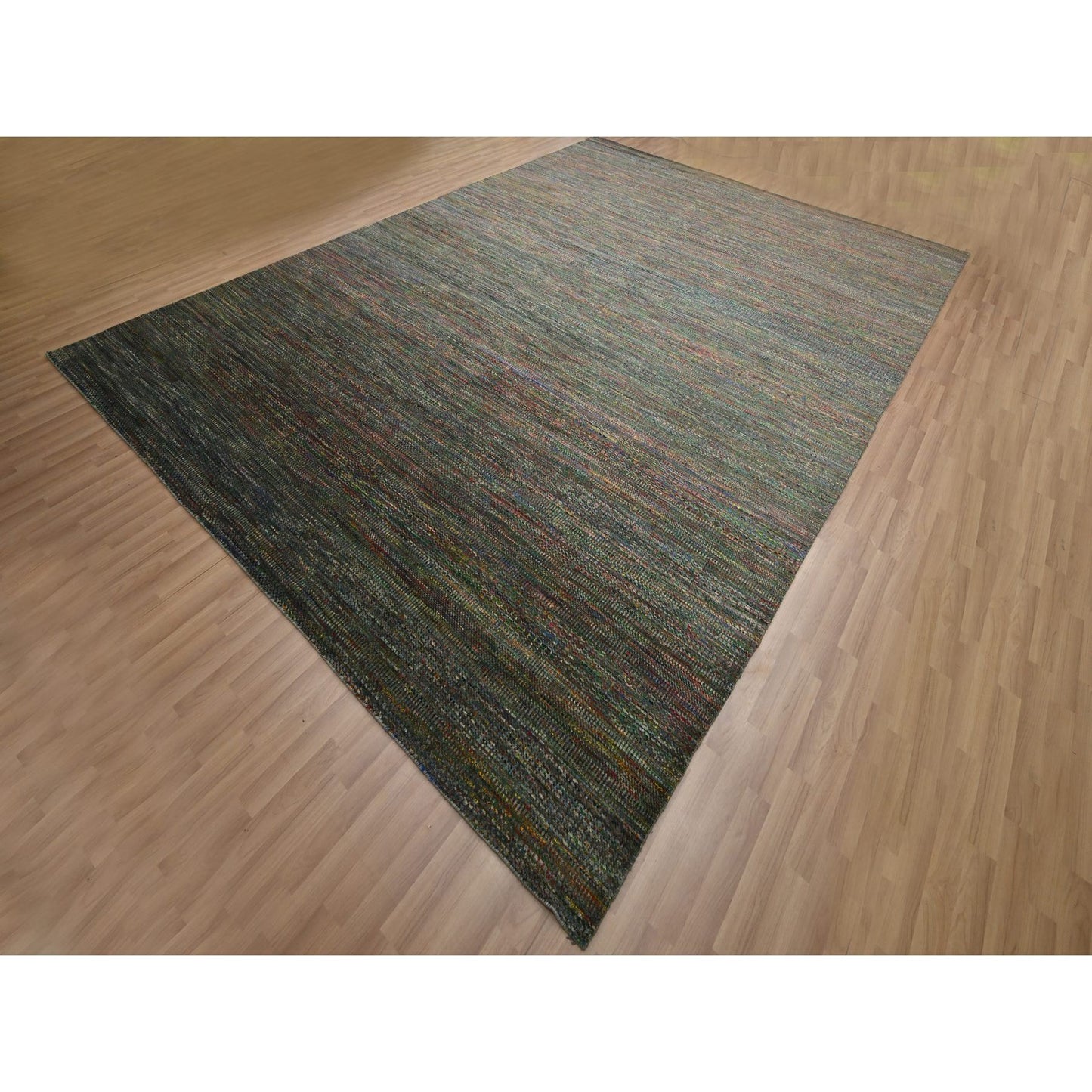 10'X14' Asphalt Black Modern Grass Design Wool And Silk Hand Knotted Rug