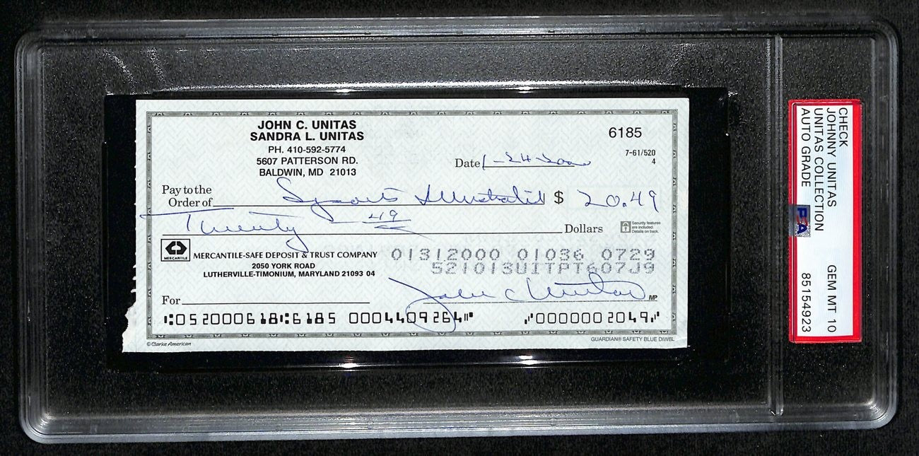 Johnny Unitas Hof Signed/Auto 2000 Bank Check Colts Psa/Dna Gem Mt 10 192622