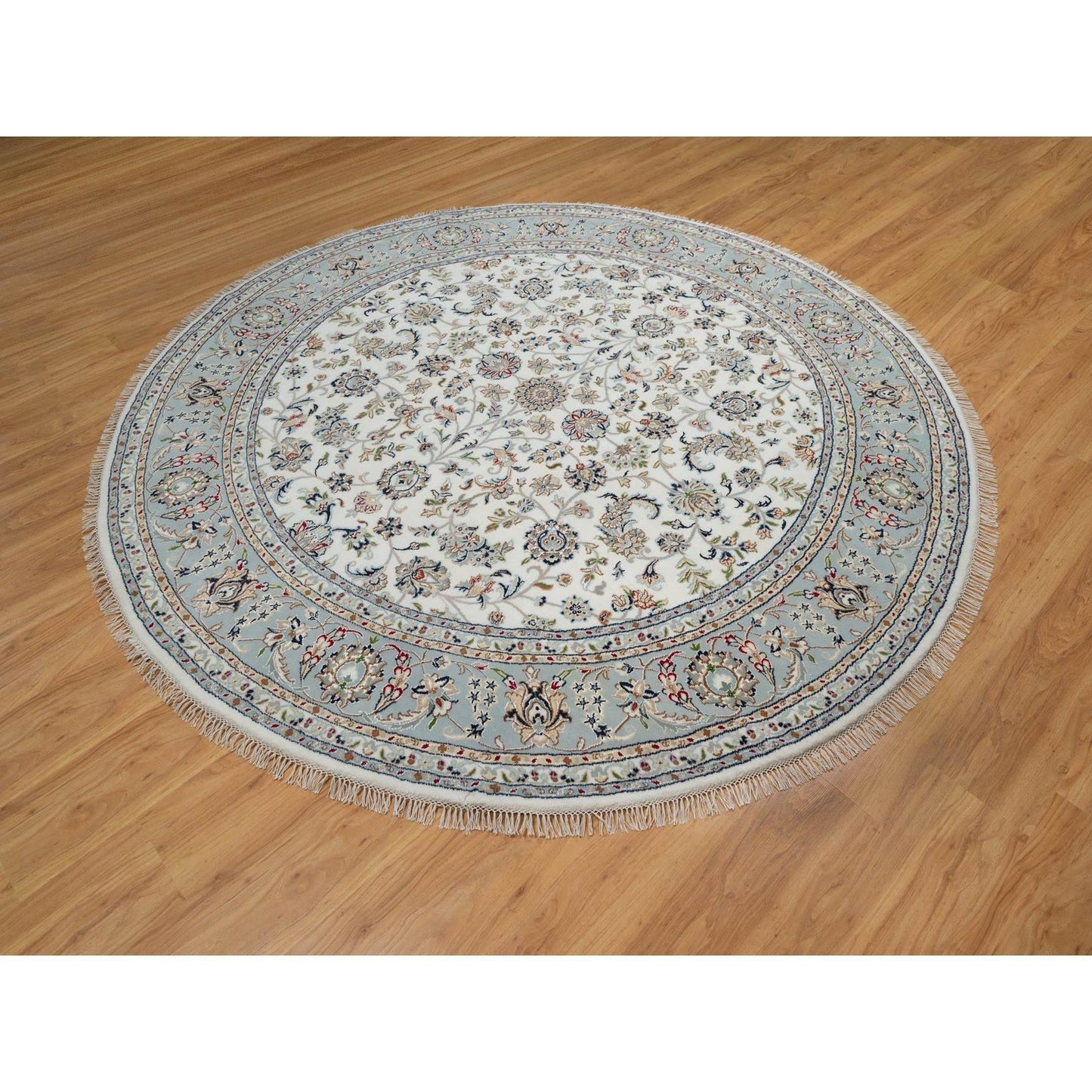 8'X8' Pearl White, 250 Kpsi, Nain, Wool And Silk, Hand Knotted, Round Rug