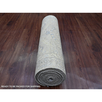 2'8"X16'1" Gray Washed Peshawar Leaf Design Hand Knotted Wool Runner Rug