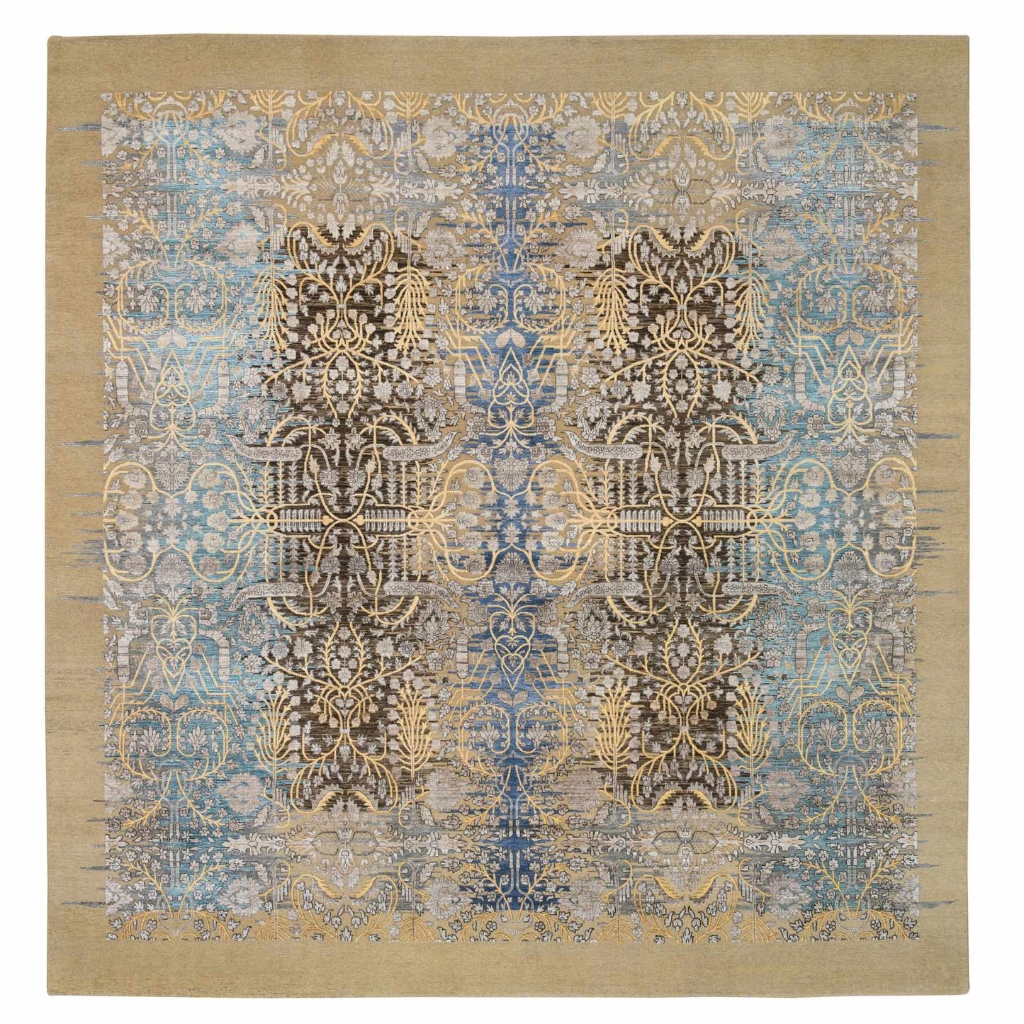 12'2"X12'2" Gold Brown Silk With Wool Hand Knotted Saroogh Square Rug